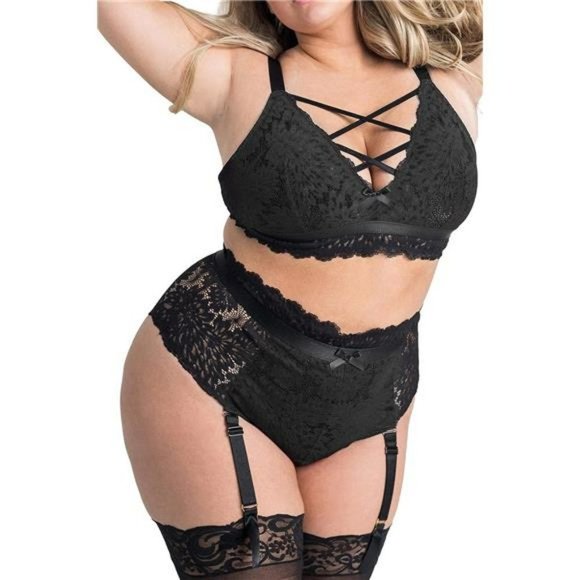 Sexy Women's Plus Size Black Floral Lace Lingerie  High Waisted Suspender Set - Picture 1 of 7